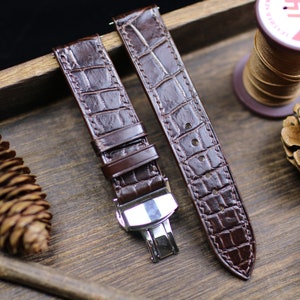Cinturino per orologio in pelle di alligatore marrone scuro a forma sottile, cinturino per orologio in pelle da 24 mm, 22 mm, 21 mm, 20 mm, cinturino in pelle marrone 18 mm, 16 mm, 14 mm, chiusura deployante