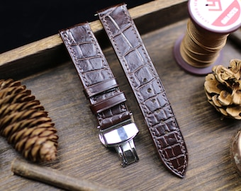 Thin Form Dark Brown Leather Alligator Watch Strap 24mm 22mm 21mm 20mm Leather Watch Band Brown Leather 18mm 16mm 14mm Deployant Clasp