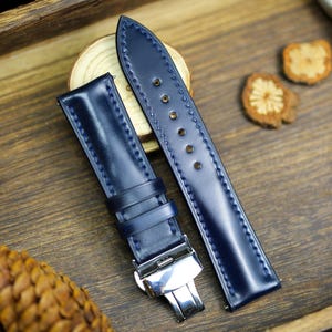 Navy Shell Cordovan Dark Blue Leather Watch Strap 24mm 22mm 21mm 20mm Strap Deployant Clasp Shell Cordovan Leather 18mm 16mm 14mm Watch Band