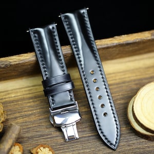 Black Shell Cordovan Leather Watch Strap 24mm 22mm 21mm 20mm Leather Watch Band Deployant Clasp Shell Cordovan Leather 18mm 16mm 14mm