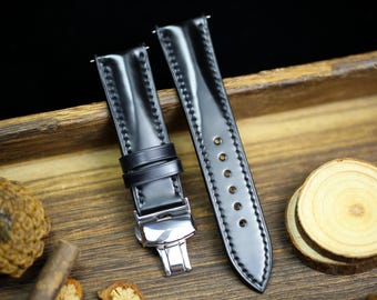 Black Shell Cordovan Leather Watch Strap 24mm 22mm 21mm 20mm Leather Watch Band Deployant Clasp Shell Cordovan Leather 18mm 16mm 14mm