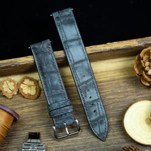 Waxy Black Alligator Leather Watch Strap 24mm 22mm 21mm 20mm Waxy Leather Watch Band Deployant Clasp Grey Alligator Leather 18mm 16mm 14mm