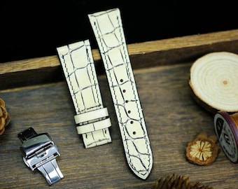 Slim Form White Cream Black Alligator Leather Watch Strap 24mm 22mm 20mm Leather Watch Band White Leather 18mm 16mm 14mm Deployant Clasp