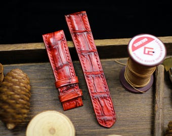 Patina Red Alligator Leather Watch Strap Sizes 14mm 15mm 16mm 18mm 19mm 20mm 21mm 22mm 23mm 24mm Leather Watch Band Butterfly Clasp Strap