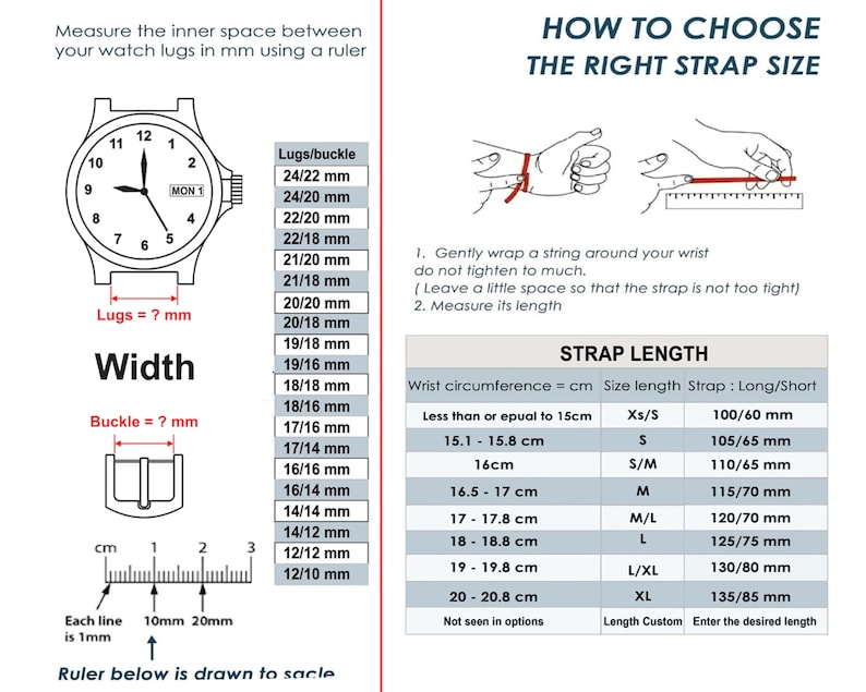May include: A guide on how to choose the right watch strap size. The guide includes a diagram showing how to measure your wrist circumference in centimeters and a table that correlates wrist size to strap length in millimeters. The table includes strap sizes for both long and short straps.