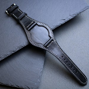 Black Leather Bund Strap 20mm, 22mm Bund Watch Band 16mm 24mm Leather Watch Band 18mm Leather Watch Strap, Applee Watch Band Cuff Band Strap