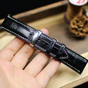 Black Alligator Leather Watch Strap 24mm 22mm 21mm 20mm Handmade Leather Watch Band Deployant Clasp Alligator Leather 18mm 16mm 14mm