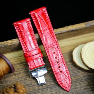 Bracelet de montre en cuir d'alligator rouge vif 24 mm 22 mm 21 mm 20 mm 19 mm Bracelet de montre en cuir fait main avec fermoir en cuir d'alligator rouge 18 mm 16 mm 14 mm