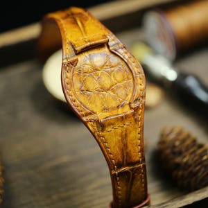 Patina Brown Alligator Leather Bund Strap Waxy Style 20mm 22mm Bund Watch Band 16mm 24mm Leather Watch Band 18mm Watch Strap Watch Cuff Band