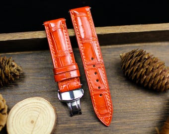 Alligator Lederarmband 24mm 22mm 21mm 20mm Handmade Orange Lederarmband Faltschließe Alligator Leder 18mm 16m 14mm