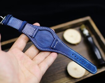 Navy Blue Leather Navy Blue Stitching Watch Band - 16mm / Gunmetal Grey
