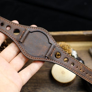 Waxy Brown Leather Rally Holes Bund Strap 20mm 22mm Bund Watch Band 16mm 24mm Leather Watch Band 18mm Watch Strap Smart Watch Band Cuff Band