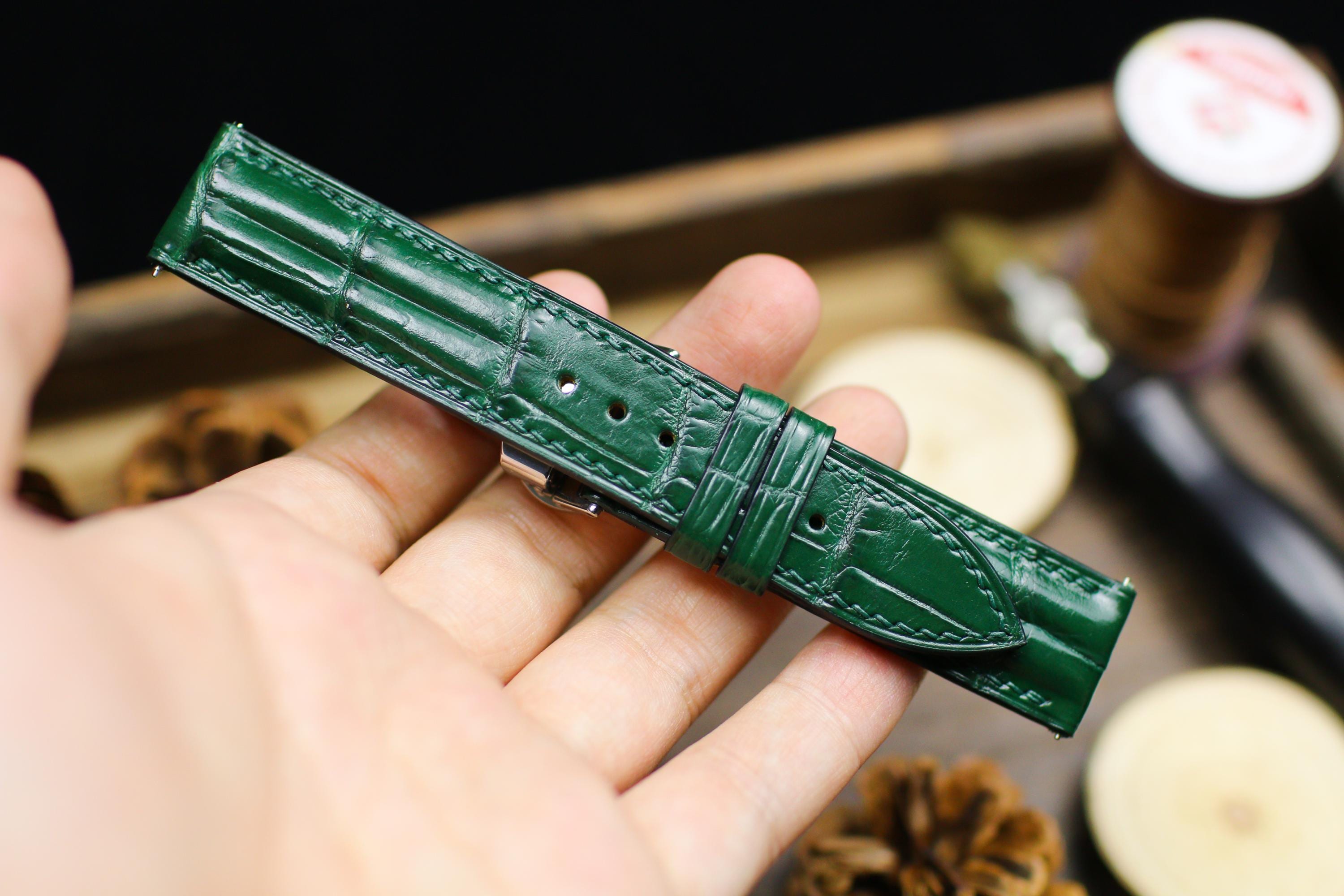 Green Alligator Leather Padded Watch Strap 24mm 22mm 21mm 20mm