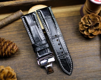Black Alligator Leather Watch Strap 24mm 22mm 21mm 20mm Handmade Leather Watch Band Deployant Clasp Alligator Leather 18mm 16mm 14mm