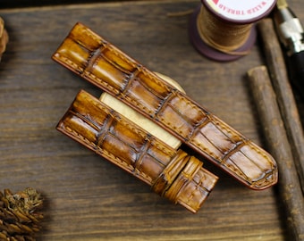 Patina Tan Alligator Leather Watch Strap Sizes 14mm 15mm 16mm 18mm 19mm 20mm 21mm 22mm 23mm 24mm Watch Strap for Men Deployant Clasp Strap