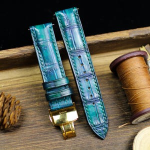 Teal Color Alligator Leather Watch Strap 24mm 22mm 21mm 20mm Handmade Green Leather Watch Band Deployant Clasp Alligator Leather 18mm 16mm