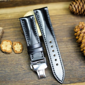Black Shell Cordovan Leather Watch Strap 24mm 22mm 21mm 20mm Shining Leather Band Deployant Clasp Shell Cordovan Leather 18mm 16mm 14mm