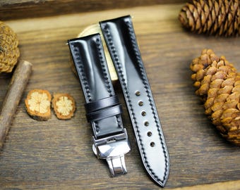 Black Shell Cordovan Leather Watch Strap 24mm 22mm 21mm 20mm Shining Leather Band Deployant Clasp Shell Cordovan Leather 18mm 16mm 14mm