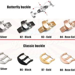 May include: Eight watch band buckles in four different finishes: silver, black, gold, and rose gold. The top row shows four butterfly buckles, and the bottom row shows four classic buckles.