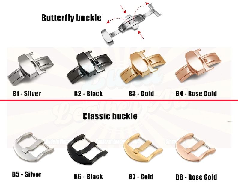 May include: Eight watch band buckles in four different finishes: silver, black, gold, and rose gold. The top row shows four butterfly buckles, and the bottom row shows four classic buckles.