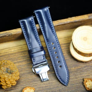 Navy Shell Cordovan Dark Blue Leather Watch Strap 24mm 22mm 21mm 20mm Strap Deployant Clasp Shell Cordovan Leather 18mm 16mm 14mm Watch Band
