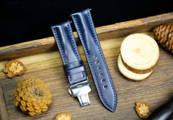 Navy Shell Cordovan Dark Blue Leather Watch Strap 24mm 22mm 21mm