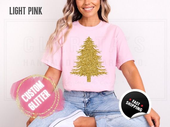 Glitter Christmas Tree Sweatshirt and T-Shirts: Bright Sparkly Holiday Sweater for Women. Custom Color Sparkling Festive Shirts