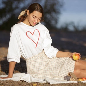 Love Heart Sweatshirt: Off Shoulder Boat Neck Cotton Blend