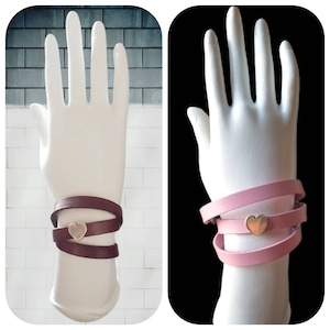 Womens leather wrap heart bracelet | Pink heart bracelets | Leather jewelry | heart cuff | Boho jewelry | Stainless steel | Love heart cuff