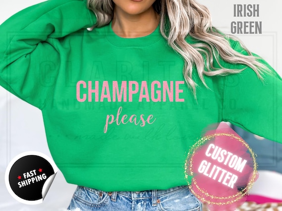 Sparkly Glitter Sweatshirt and T-Shirts: Christmas Bachelorette 'Champagne Please' Holiday Sweater. Custom Color Sparkling Festive Shirts