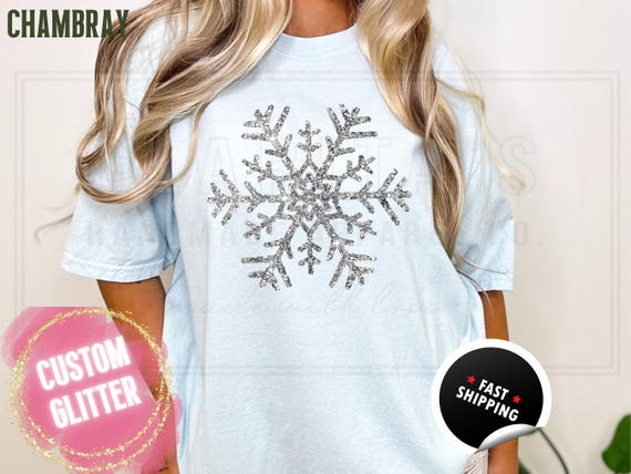 Sparkling Glitter Snowflake T-Shirt: Sparkly Winter Christmas Shirt, Womens Comfort Colors Distressed Holiday Party Tee, Real Sparkles