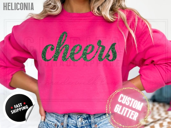 Glitter Christmas Sweatshirt and T-Shirts: Custom 'Cheers' Holiday Sweater in a Sparkly Glitz Text. Custom Color Sparkling Festive Shirts