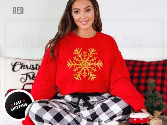 Women's Custom Glitter Snowflake Christmas Sweatshirt: Red Holiday Crewneck Sweater