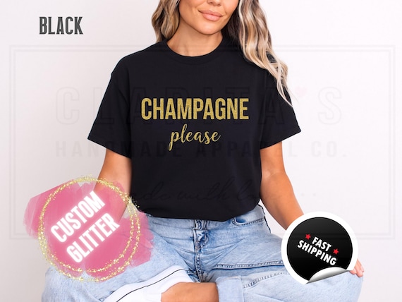 Sparkly Glitter Sweatshirt and T-Shirts: Christmas Bachelorette 'Champagne Please' Holiday Sweater. Custom Color Sparkling Festive Shirts