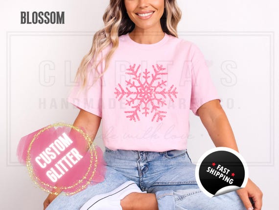 Sparkling Glitter Snowflake T-Shirt: Sparkly Winter Christmas Shirt, Womens Comfort Colors Distressed Holiday Party Tee, Real Sparkles