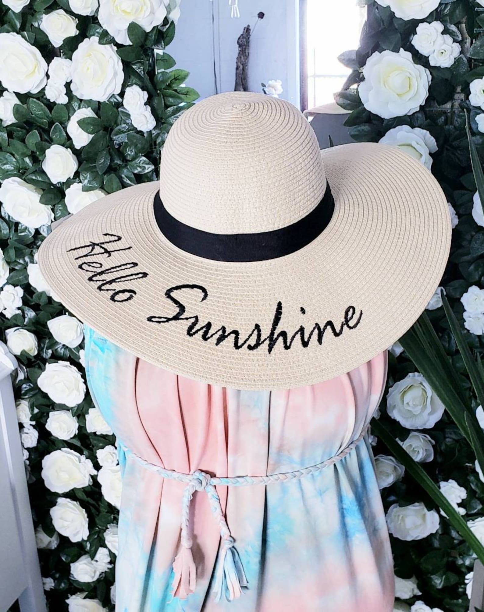 Large straw beach hat. Beautiful Vacation summer party hat. Etsy