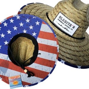 Large straw beach hat | July 4th American flag hat |  Father son fishing hat |  Memorial day straw hat | Handwoven | UPF 50 | Unisex fit