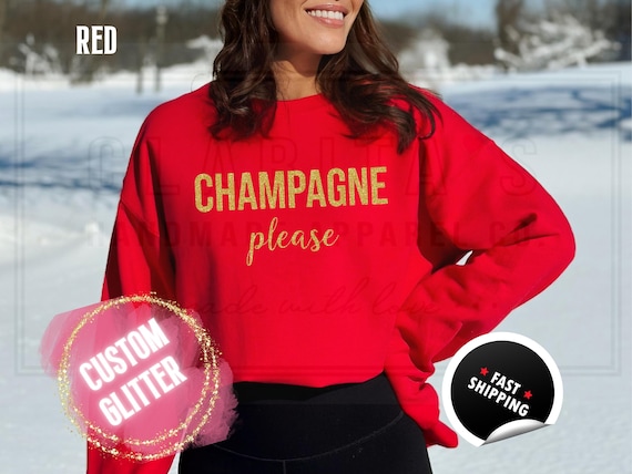 Sparkly Glitter Sweatshirt and T-Shirts: Christmas Bachelorette 'Champagne Please' Holiday Sweater. Custom Color Sparkling Festive Shirts