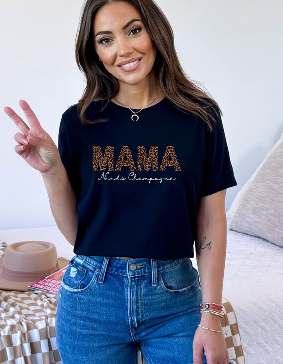 Leopard Print Mama T-Shirt: Funny Champagne Lover Mom Shirt