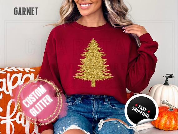 Glitter Christmas Tree Sweatshirt and T-Shirts: Bright Sparkly Holiday Sweater for Women. Custom Color Sparkling Festive Shirts