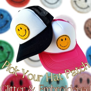 Smiley Face Trucker Hat | Glitter Smiley Face Trucker Hats, Glitter Patch Trucker Style | Smiley Face Hat | Yellow Smiley Face Trucker Hat
