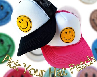 Smiley Face Trucker Hat: Yellow Embroidered or Glitter Patch Trucker Style