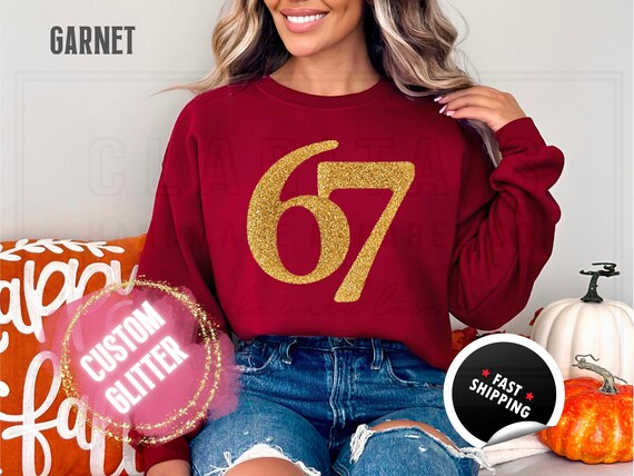 Glitter 67 Christmas Sweatshirt and T-Shirts: Funny 'Six Seven' Sparkly Holiday Sweater for Women. Custom Color Sparkling Festive Shirts