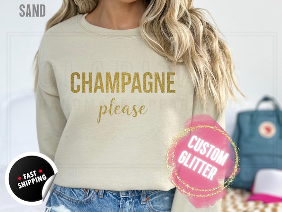 Sparkly Glitter Sweatshirt and T-Shirts: Christmas Bachelorette 'Champagne Please' Holiday Sweater. Custom Color Sparkling Festive Shirts
