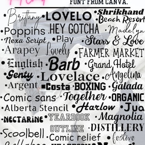 May include: A chart of different fonts, with the text "Font Chart" at the top and "PLEASE CHOOSE YOUR DESIRED FONT FROM CANVA." below. The fonts are listed in two columns, with the names of the fonts in black text.