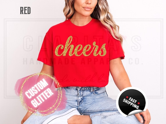 Glitter Christmas Sweatshirt and T-Shirts: Custom 'Cheers' Holiday Sweater in a Sparkly Glitz Text. Custom Color Sparkling Festive Shirts