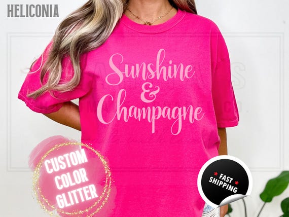 Sparkly Glitter Sweatshirt and T-Shirts: 'Sunshine and Champagne' Holiday Party Sweater. Women's Real Sparkling Festive Shirt, Custom Color