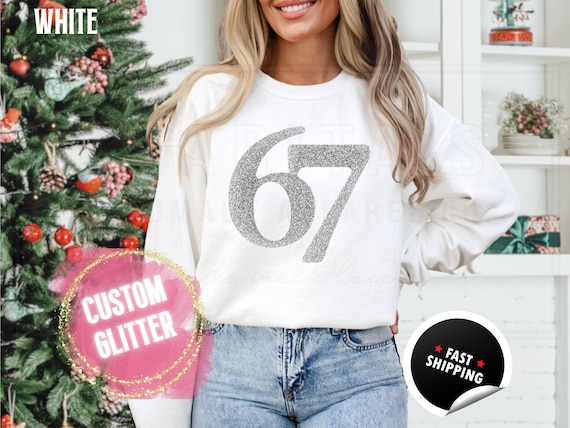 Glitter 67 Christmas Sweatshirt and T-Shirts: Funny 'Six Seven' Sparkly Holiday Sweater for Women. Custom Color Sparkling Festive Shirts