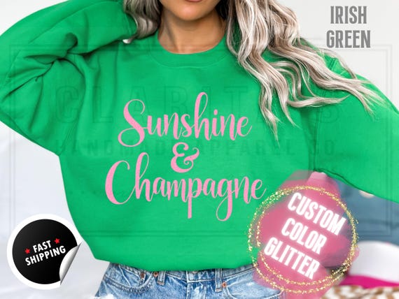 Sparkly Glitter Sweatshirt and T-Shirts: 'Sunshine and Champagne' Holiday Party Sweater. Women's Real Sparkling Festive Shirt, Custom Color