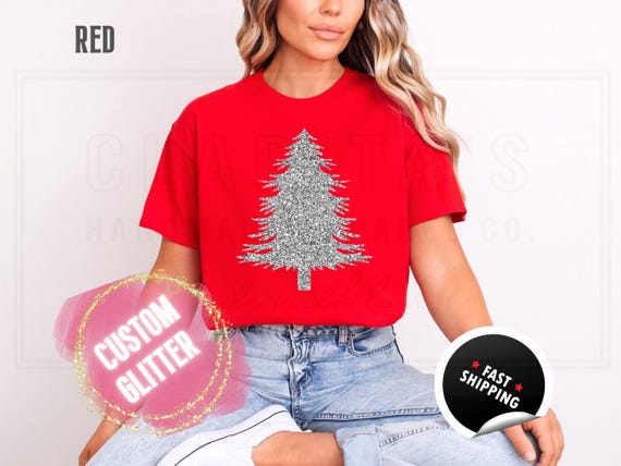 Glitter Christmas Tree Sweatshirt and T-Shirts: Bright Sparkly Holiday Sweater for Women. Custom Color Sparkling Festive Shirts